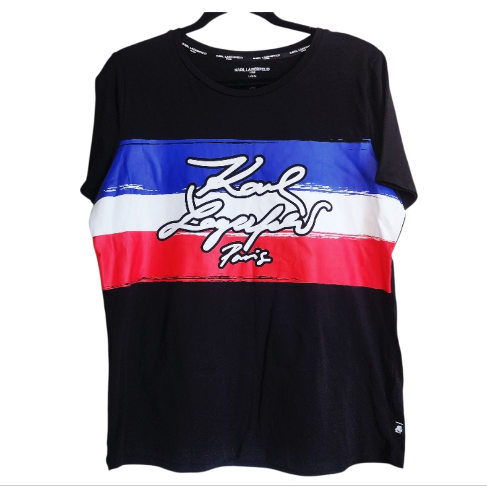 Karl Lagerfeld Black Tee with Tricolor Stripes Y2k Streetwear